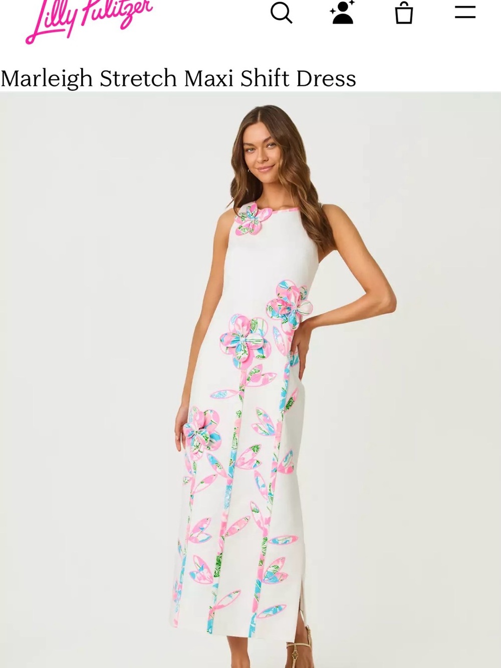 Lilly Pulitzer White Maxi Shift Dress with Pink & Aqua Floral Appliqué